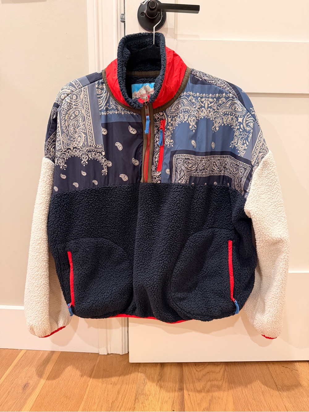 THE GREAT. Navy, Cream & Red Bandana-Panel Fleece Half-Zip Pullover